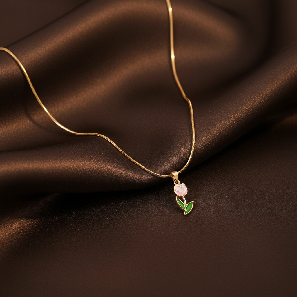 Pink Flower Alloy Copper Necklace with Gold-Tone Chain