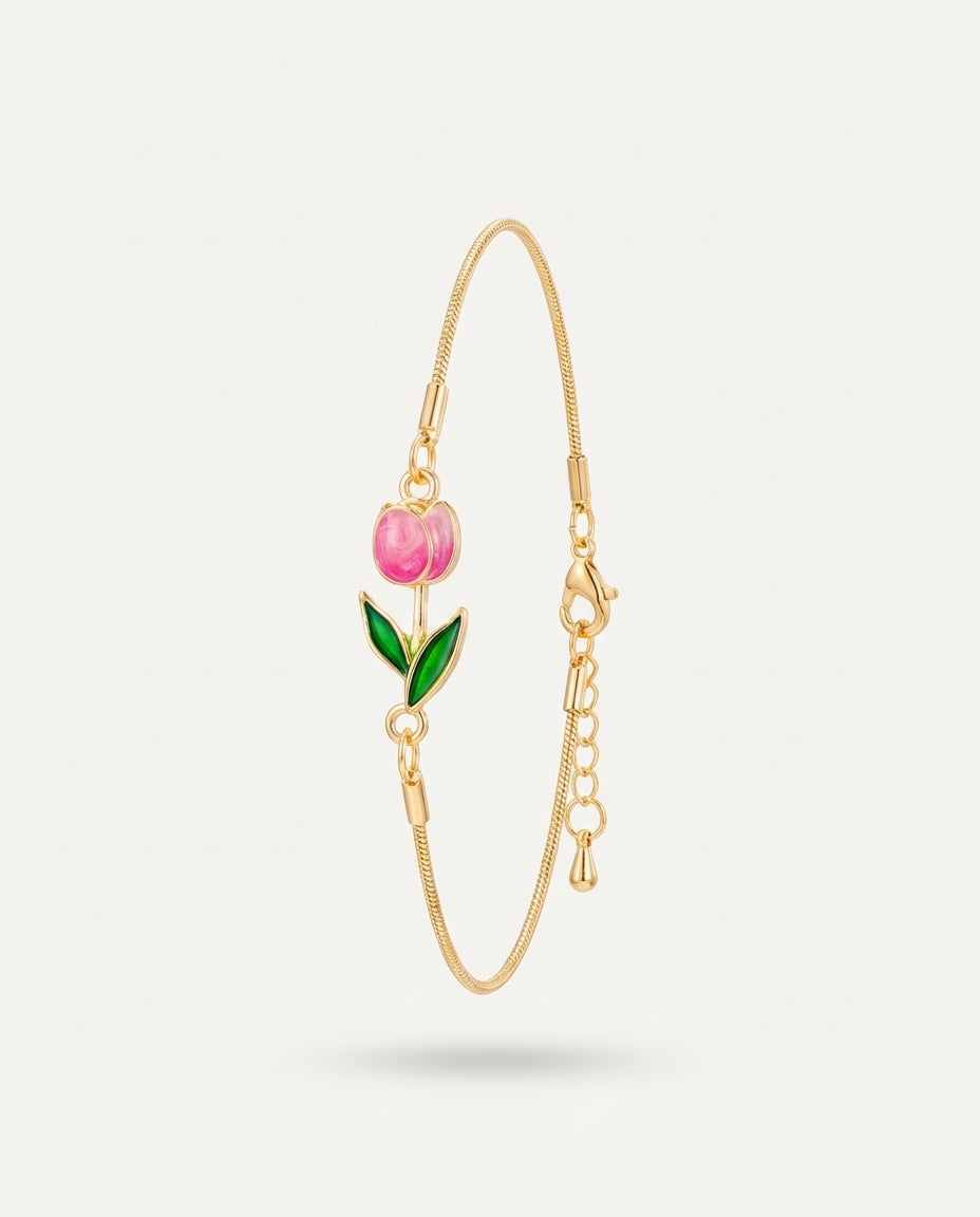 Gold Plated Pink Flower Bracelet in Alloy Copper