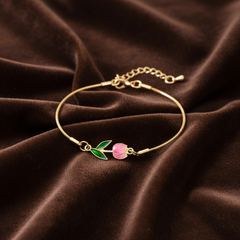 Gold Plated Pink Flower Bracelet in Alloy Copper