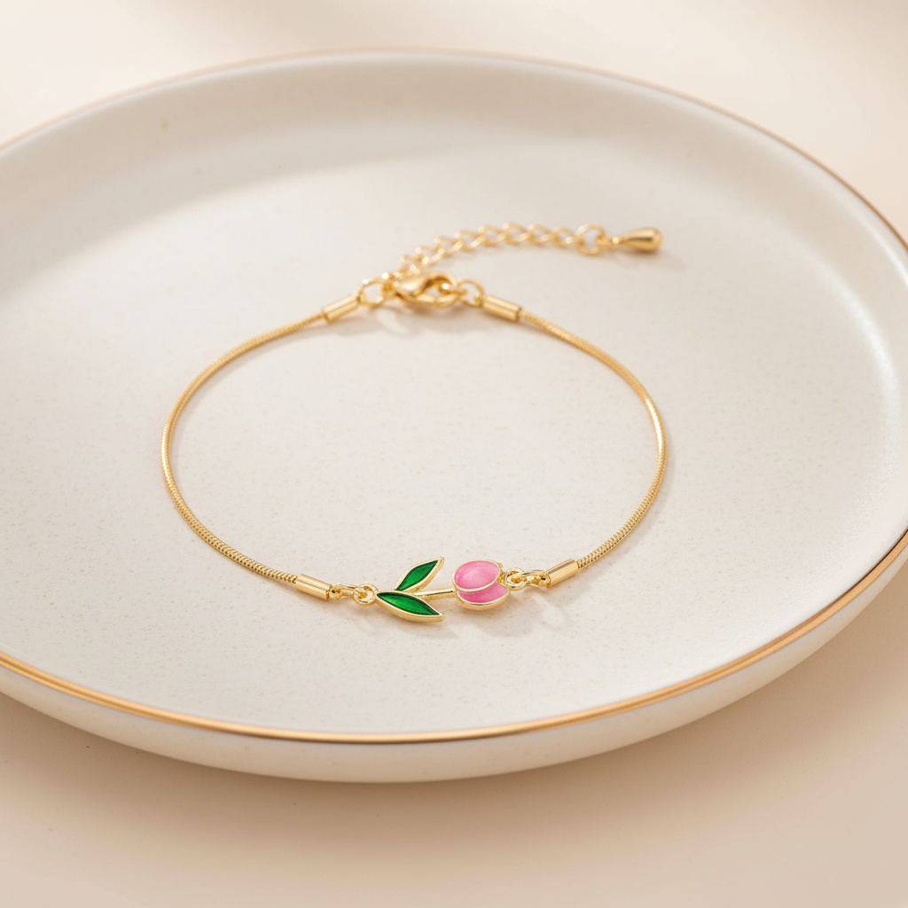 Gold Plated Pink Flower Bracelet in Alloy Copper