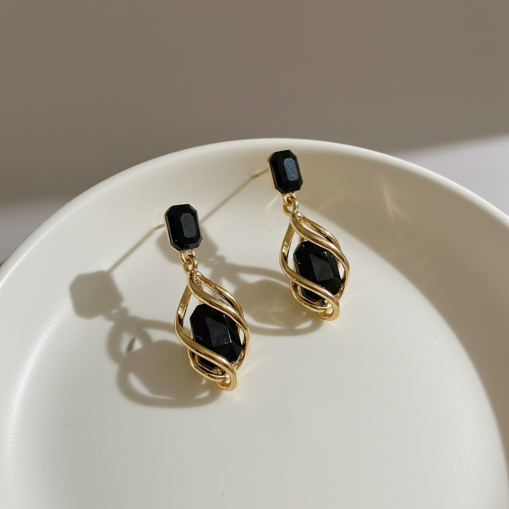 Gold-Tone Alloy & Black Zircon Geometric Drop Earrings