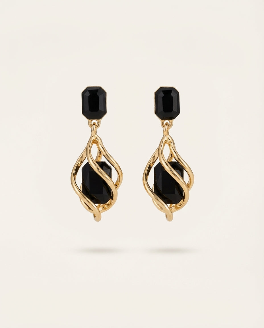 Gold-Tone Alloy & Black Zircon Geometric Drop Earrings