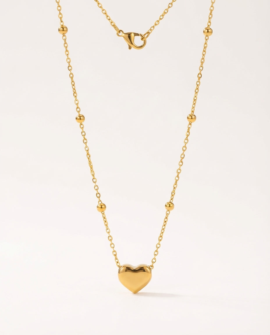 Gold PVD Stainless Steel Heart Pendant Necklace with Round Beads