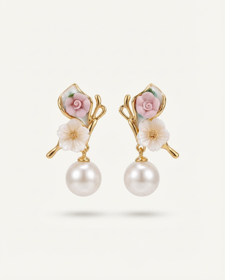 Pink White Floral Pearl Stud Earrings Gold-Tone