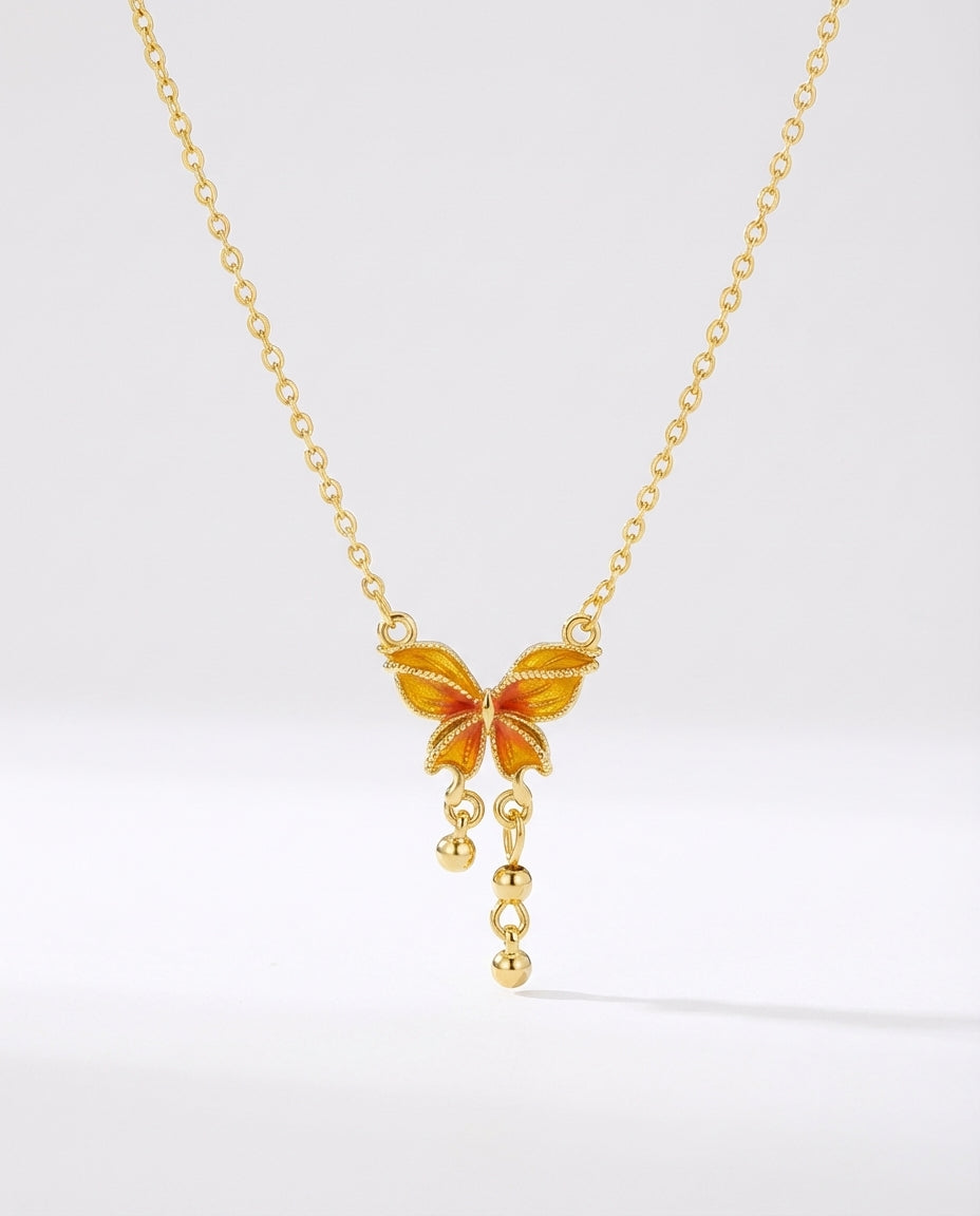 Dream Butterfly Necklace in Gold-Tone Titanium Steel with Orange Accents