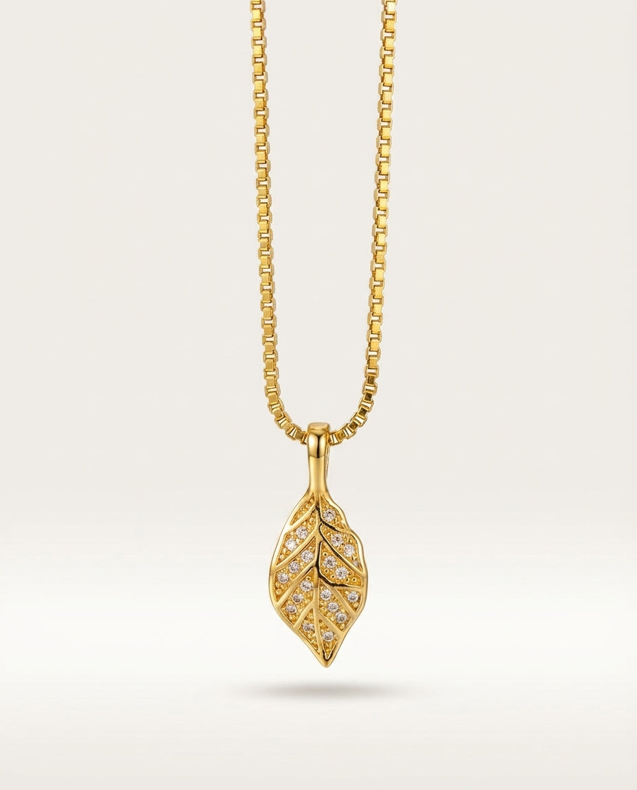Golden Leaf Pendant Necklace in Alloy Titanium Steel Box Chain