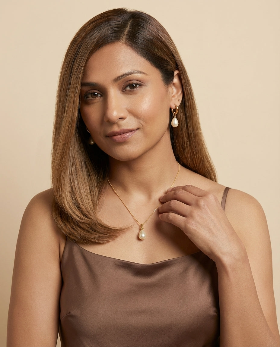 Gold Stainless Steel Teardrop Pearl Necklace & Hoop Earrings Set