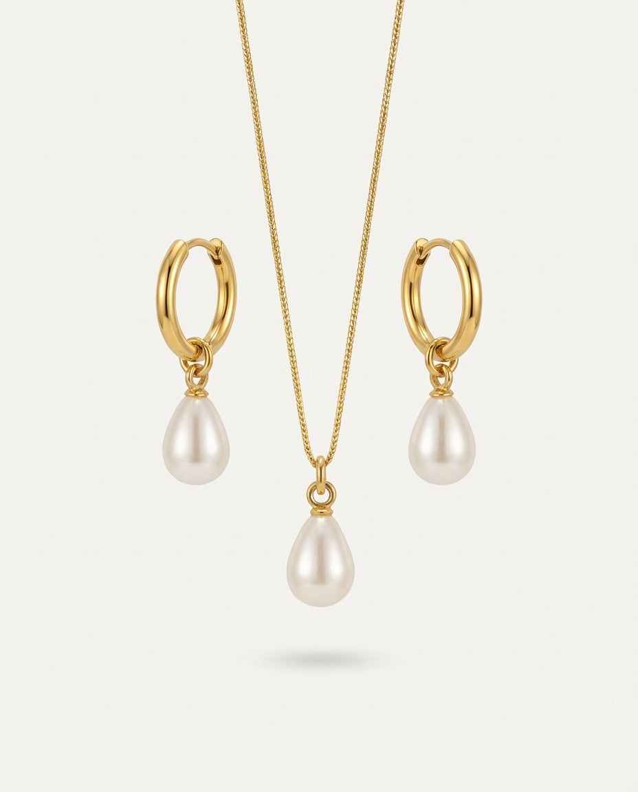 Gold Stainless Steel Teardrop Pearl Necklace & Hoop Earrings Set