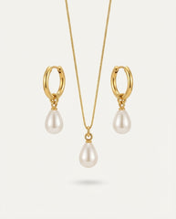 Gold Stainless Steel Teardrop Pearl Necklace & Hoop Earrings Set