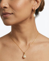 Gold Stainless Steel Teardrop Pearl Necklace & Hoop Earrings Set