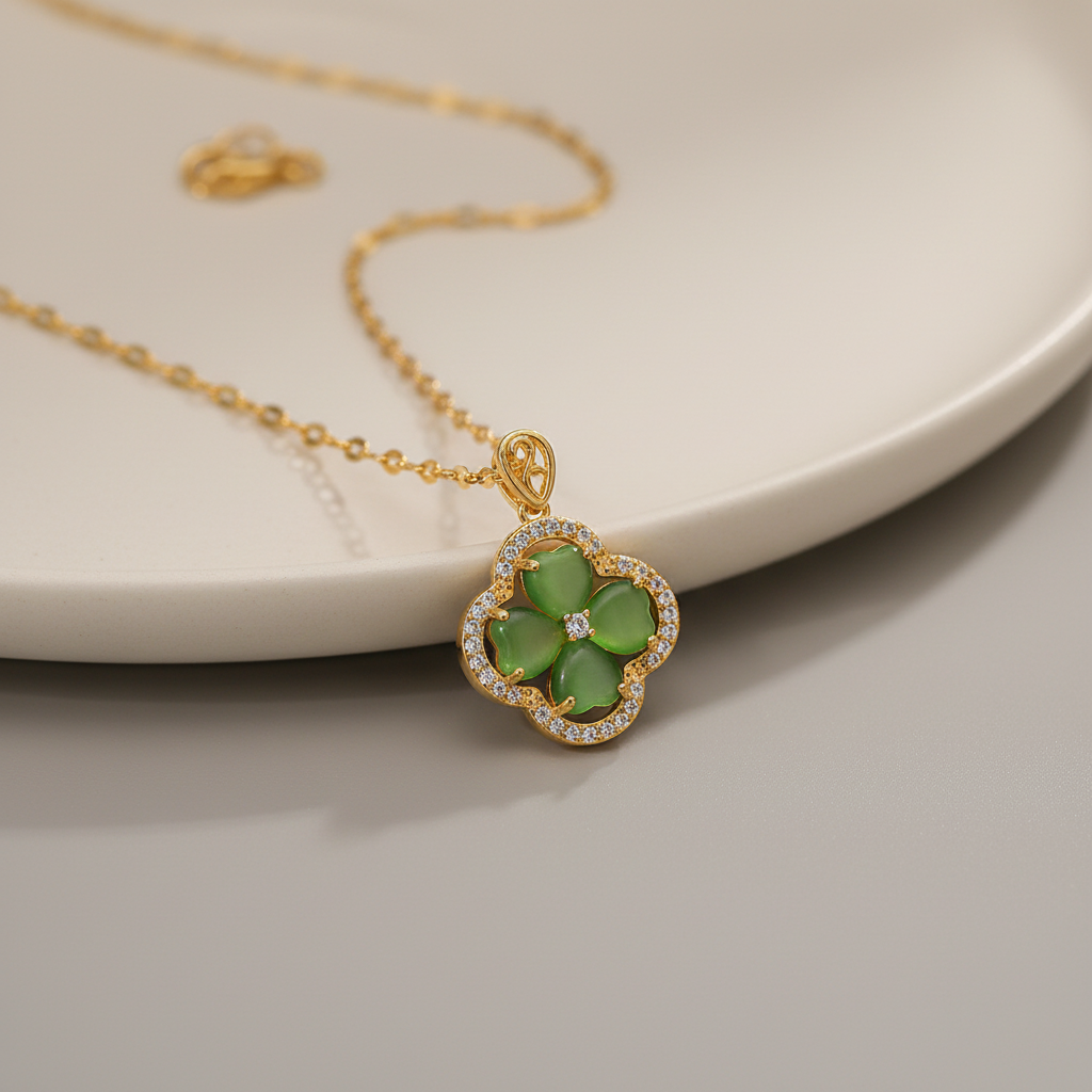 Gold necklace with a green clover pendant on a neutral background