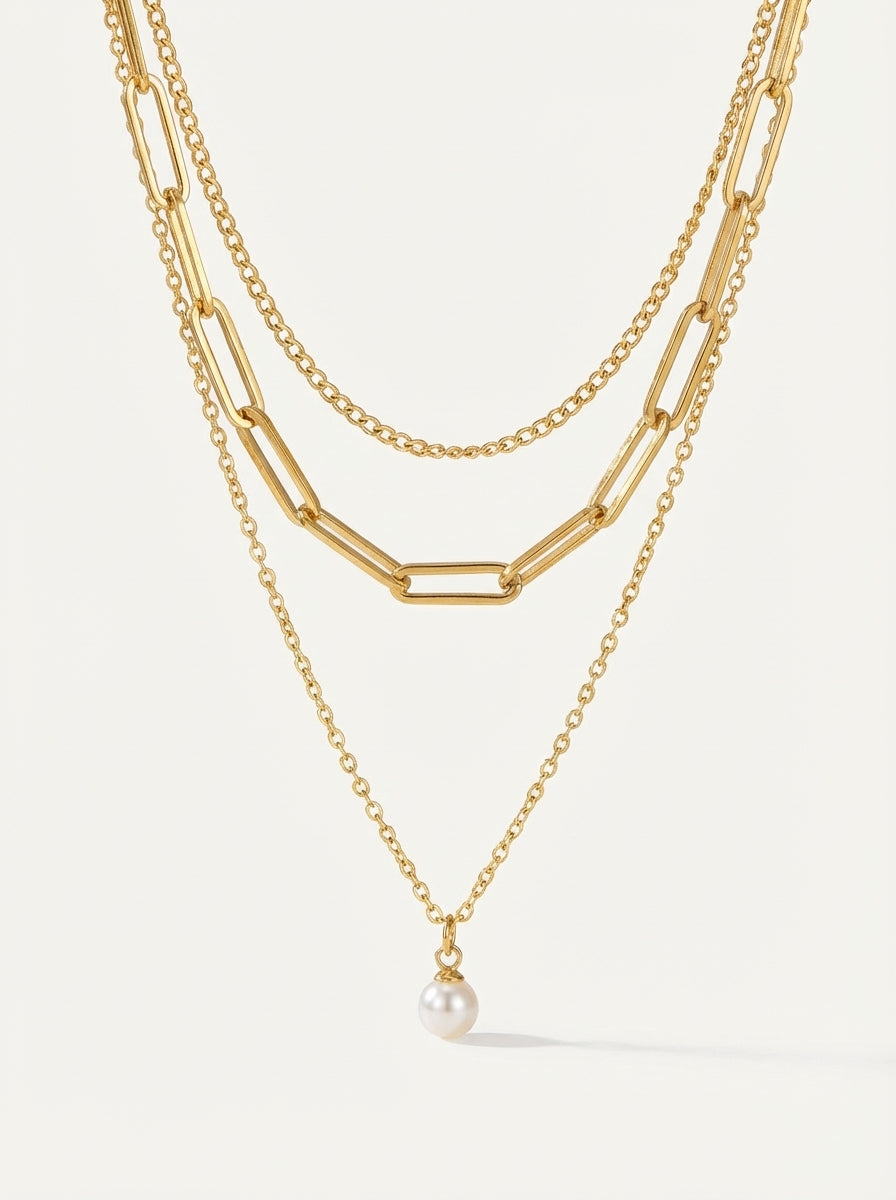 Gold Pearl Three-Layer Chain Necklace
