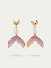 Lavender Purple Gold Fishtail Silver Needle Drop Earrings with Pearl
