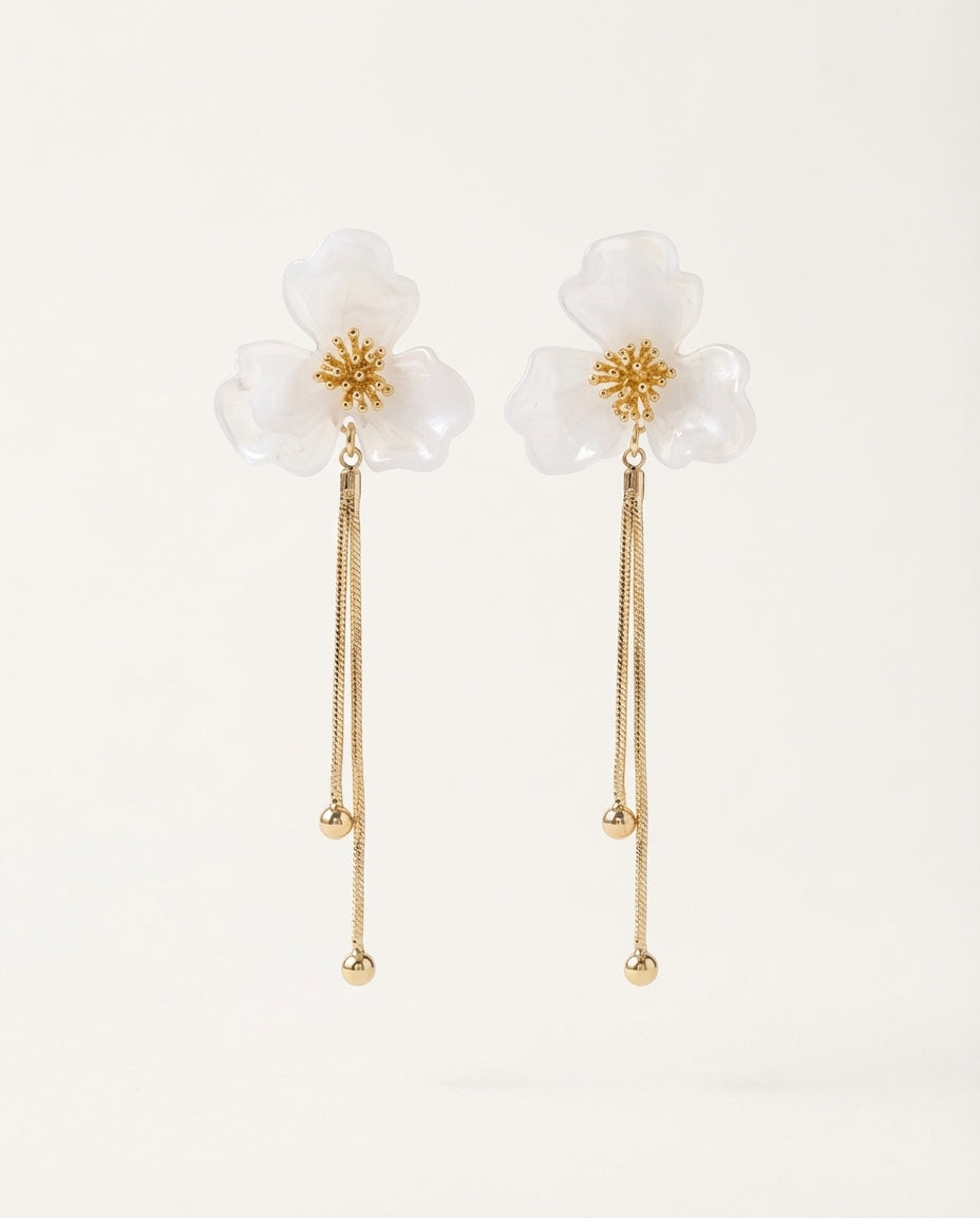 Gold & White Flower Tassel Earrings with Silver Needle