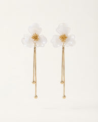 Gold & White Flower Tassel Earrings with Silver Needle