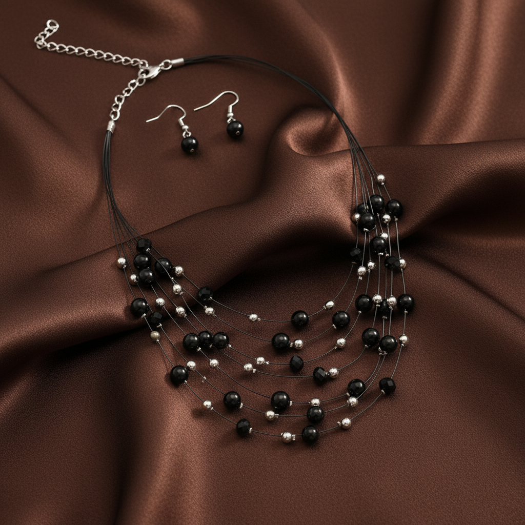 Black Multi-Layer Imitation Pearl Necklace & Earrings Set 44cm