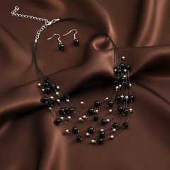 Black Multi-Layer Imitation Pearl Necklace & Earrings Set 44cm