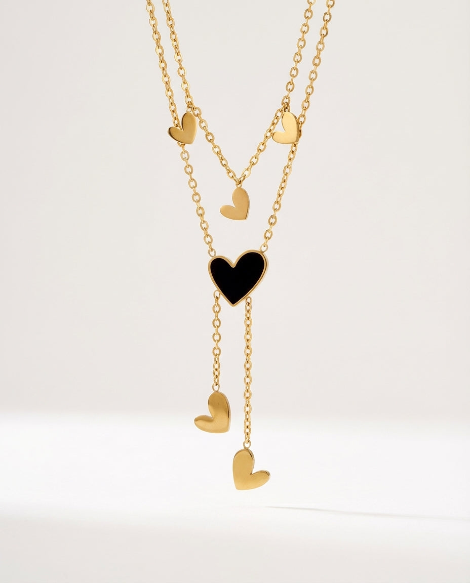 Gold Titanium Steel Multi-Layered Heart Pendant Necklace