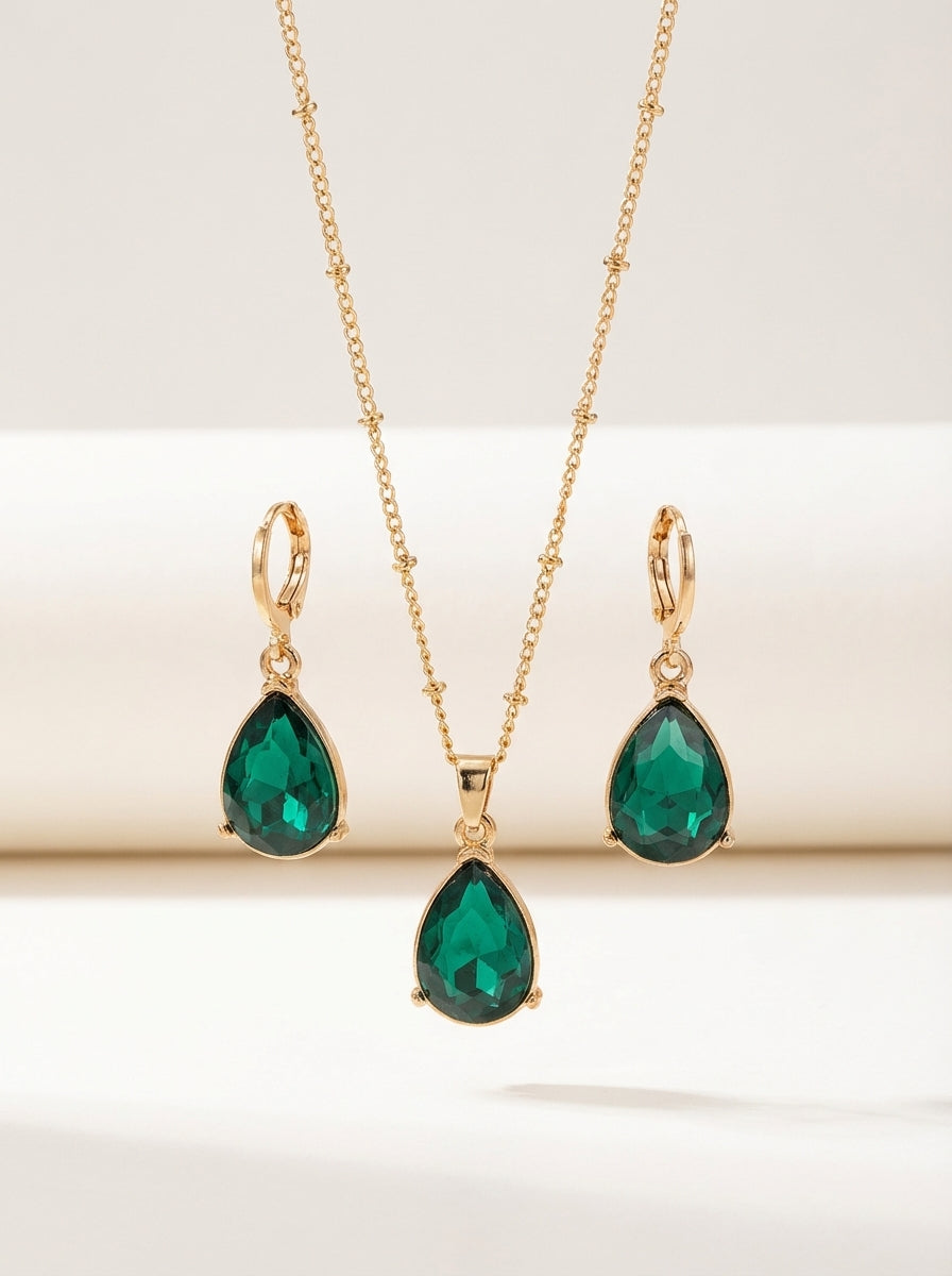 Emerald Green Teardrop Earrings & Necklace Set in Alloy