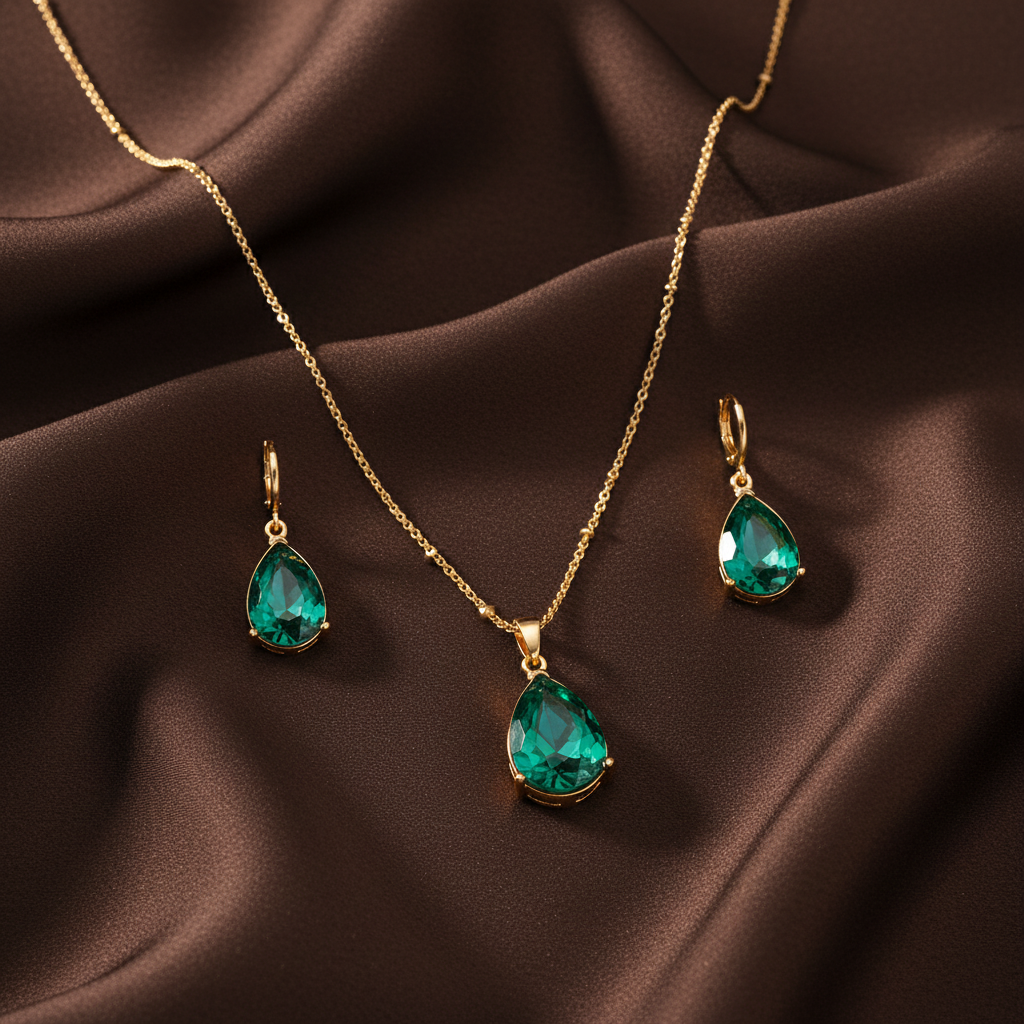 Emerald Green Teardrop Earrings & Necklace Set in Alloy