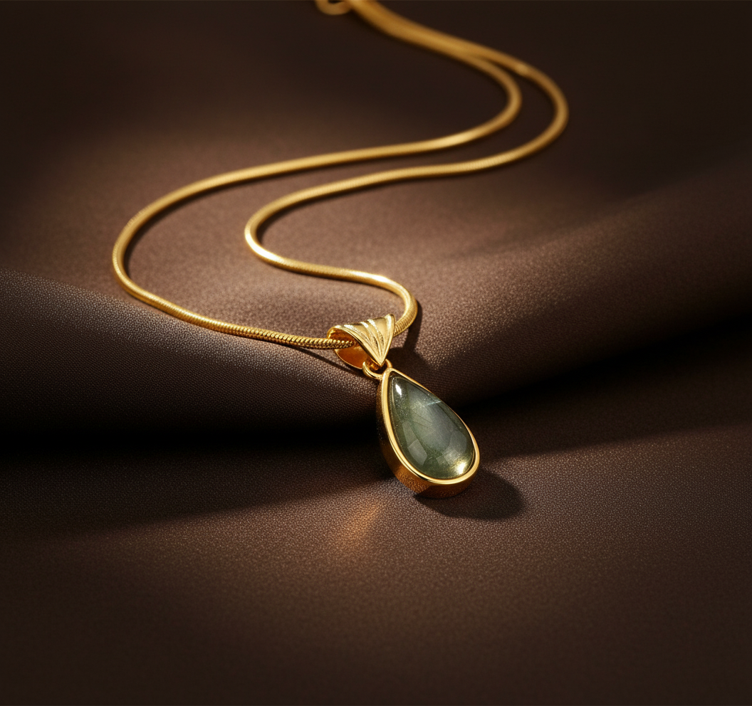 Gold Plated Stainless Steel Snake Chain Necklace with Green Teardrop Pendant