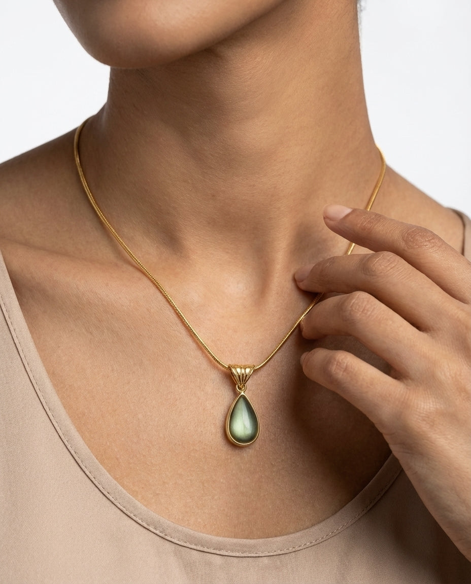 Gold Plated Stainless Steel Snake Chain Necklace with Green Teardrop Pendant