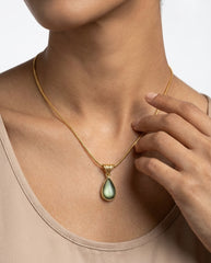 Gold Plated Stainless Steel Snake Chain Necklace with Green Teardrop Pendant