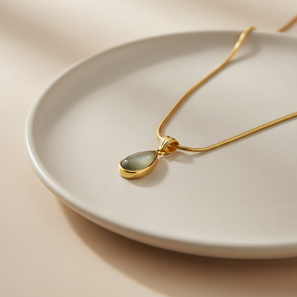 Gold Plated Stainless Steel Snake Chain Necklace with Green Teardrop Pendant