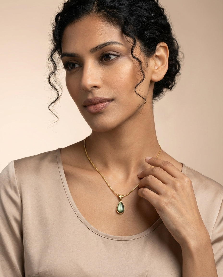 Gold Plated Stainless Steel Snake Chain Necklace with Green Teardrop Pendant