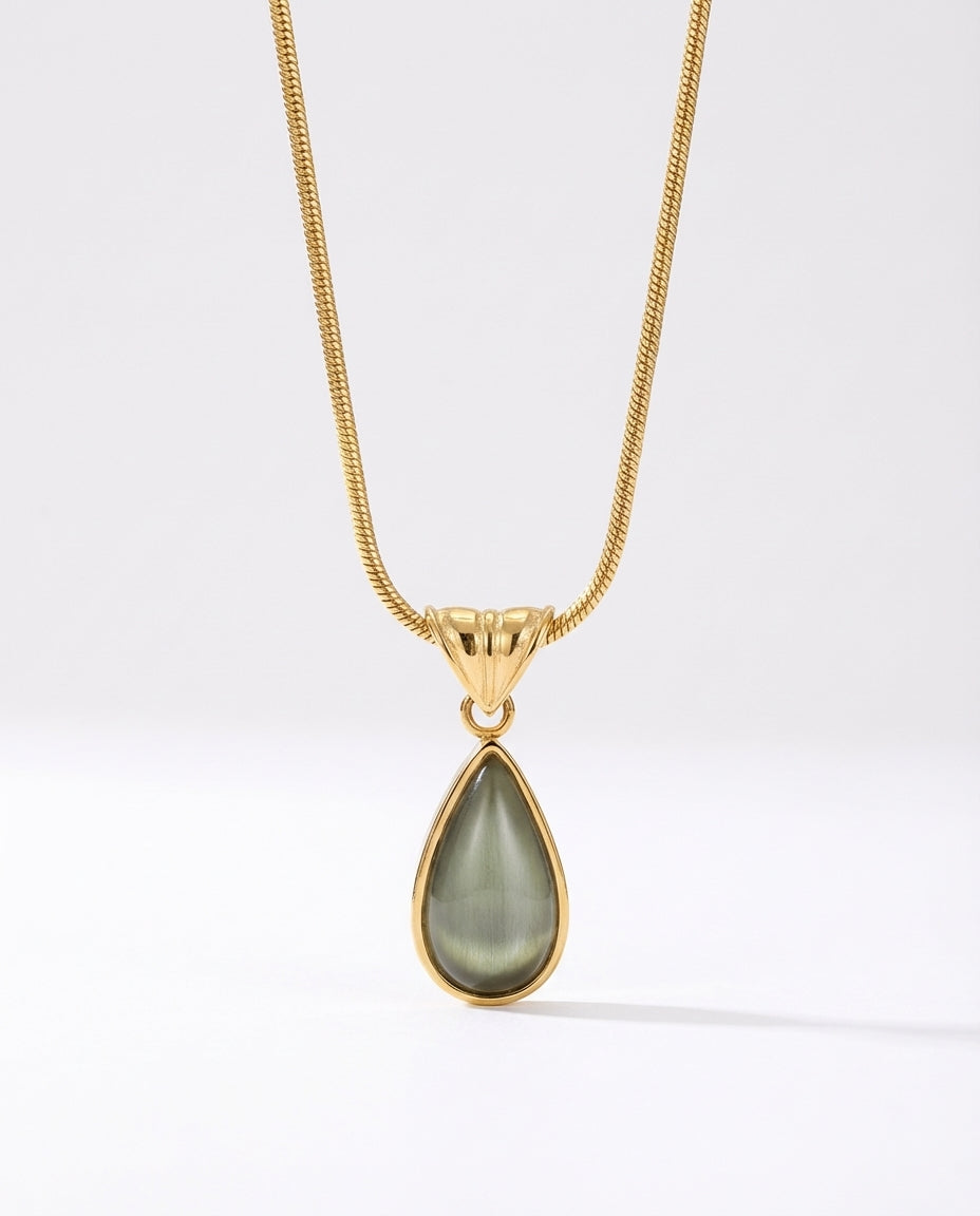 Gold Plated Stainless Steel Snake Chain Necklace with Green Teardrop Pendant