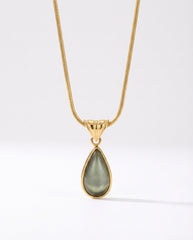 Gold Plated Stainless Steel Snake Chain Necklace with Green Teardrop Pendant