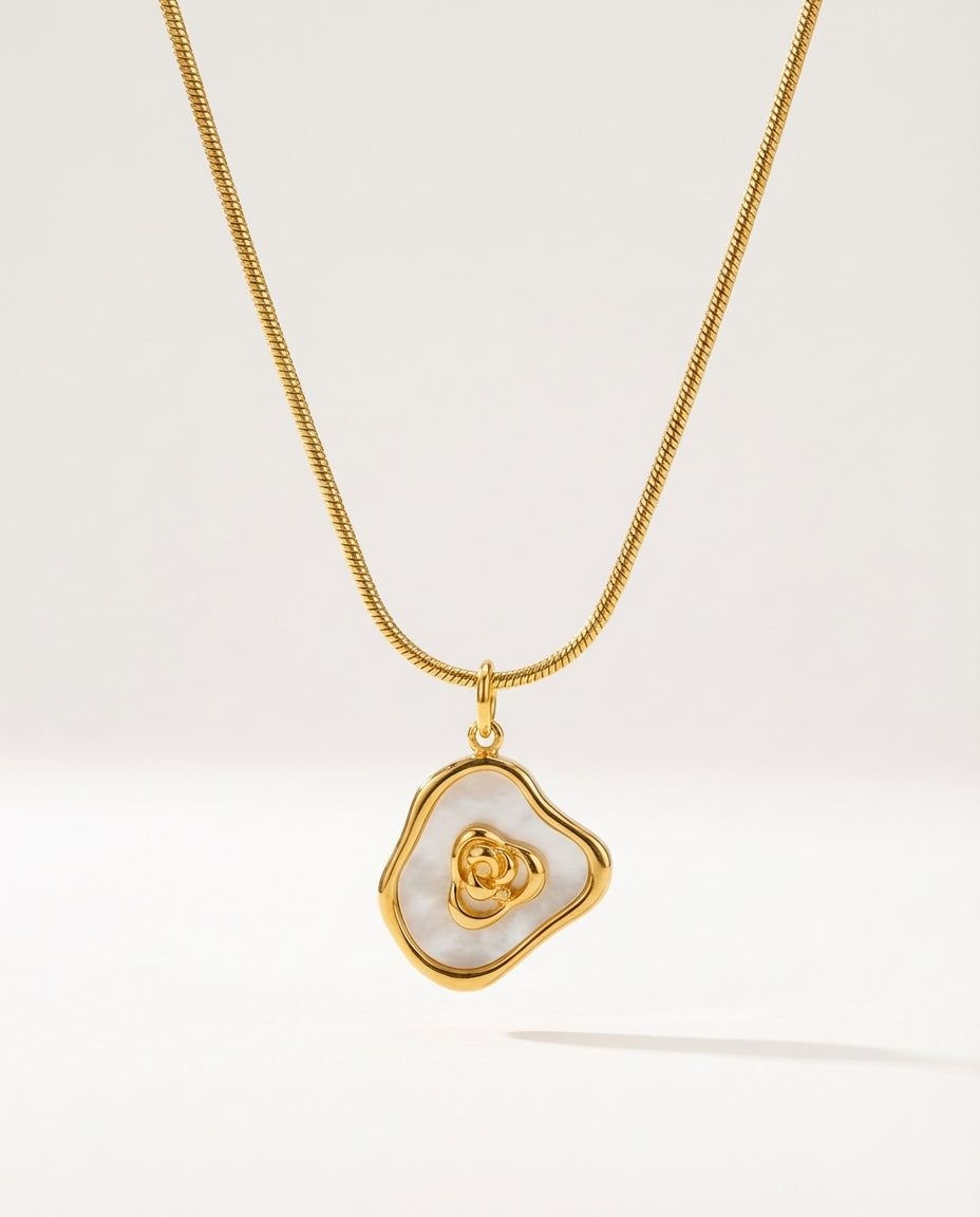 Gold Titanium Steel & Mother-of-Pearl Flower Pendant Necklace