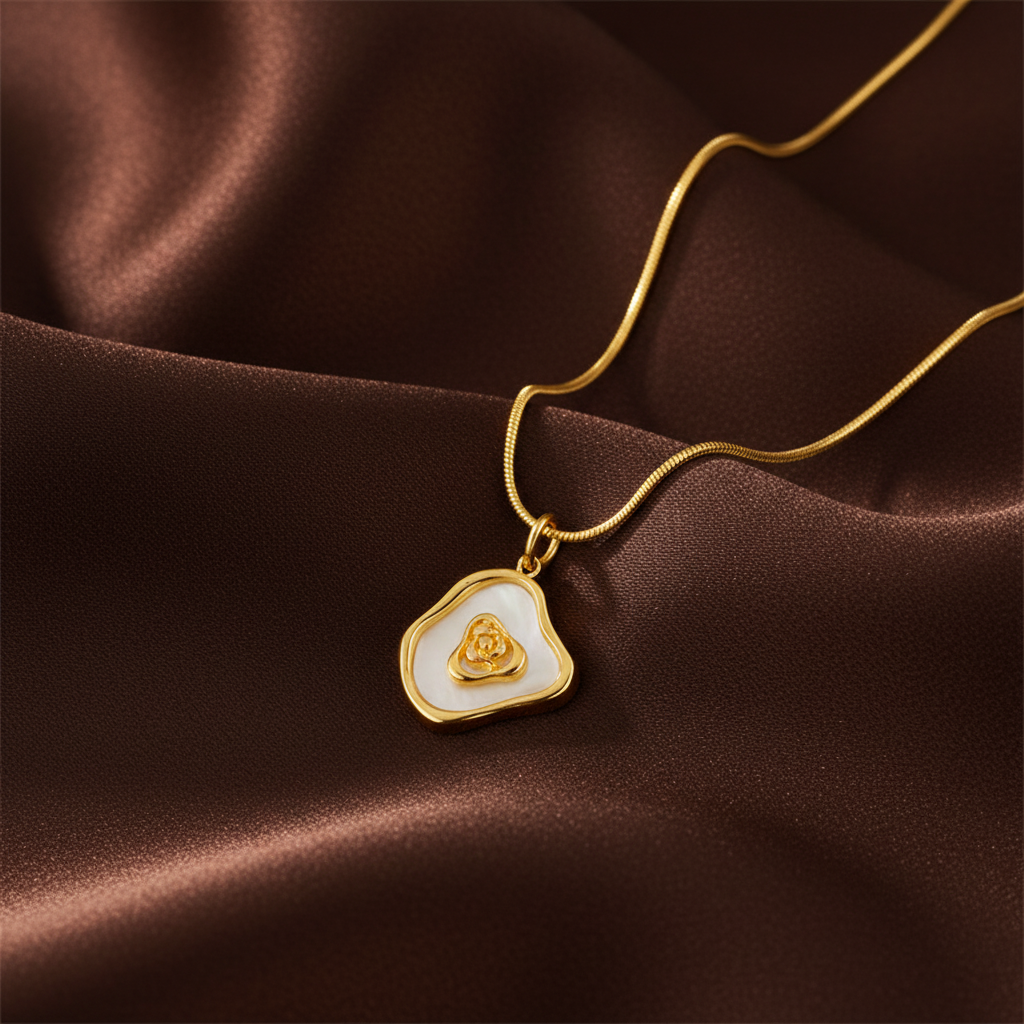 Gold Titanium Steel & Mother-of-Pearl Flower Pendant Necklace