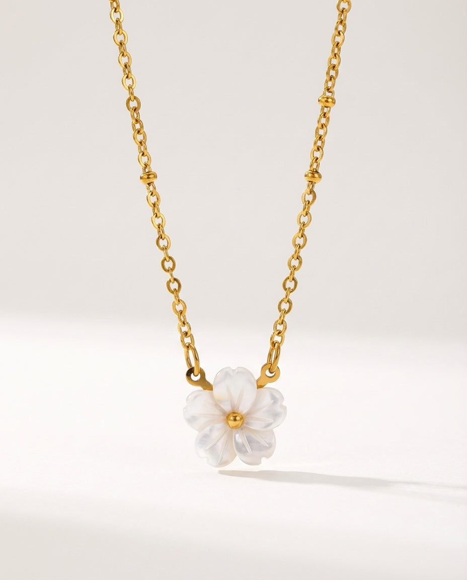 18K Gold Floral Pendant Necklace - White Flower, Stainless Steel