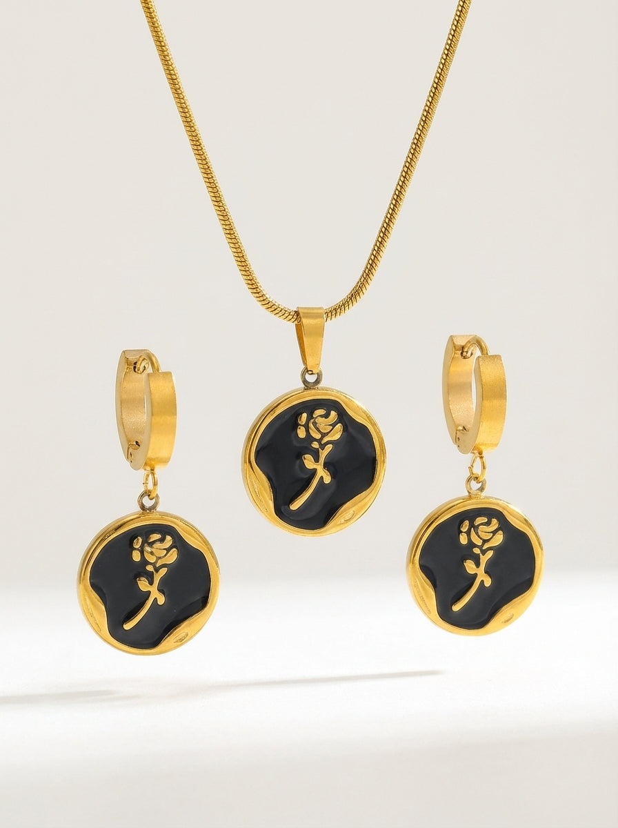 Black Rose 18K Gold Plated Necklace & Hoop Earrings Set