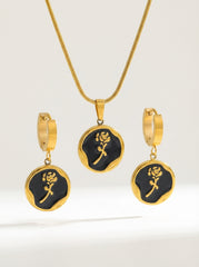 Black Rose 18K Gold Plated Necklace & Hoop Earrings Set