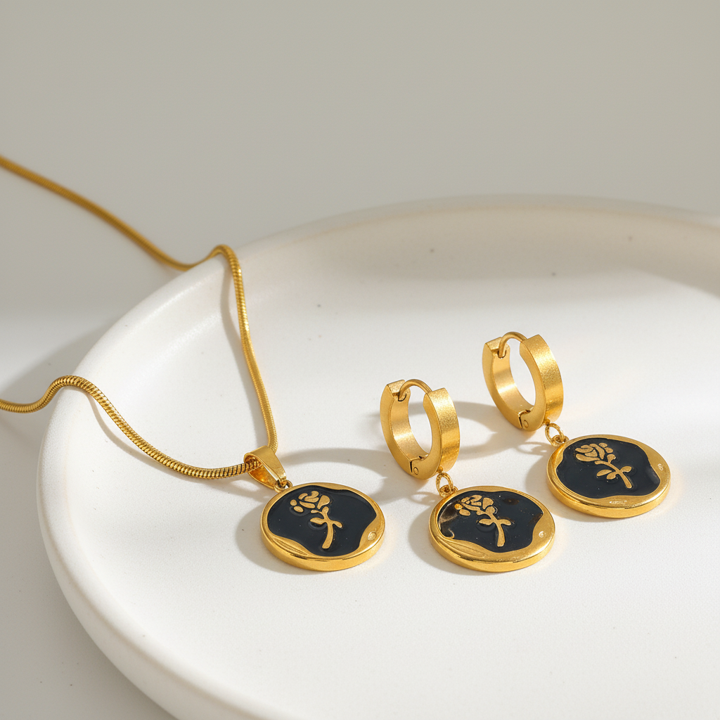 Black Rose 18K Gold Plated Necklace & Hoop Earrings Set