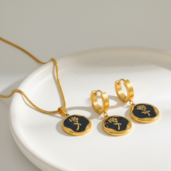 Black Rose 18K Gold Plated Necklace & Hoop Earrings Set