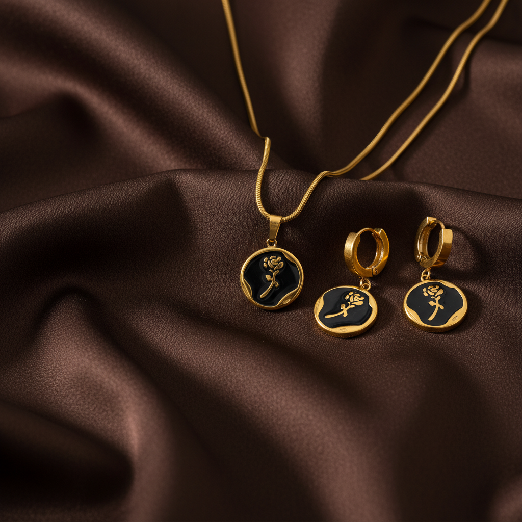 Black Rose 18K Gold Plated Necklace & Hoop Earrings Set