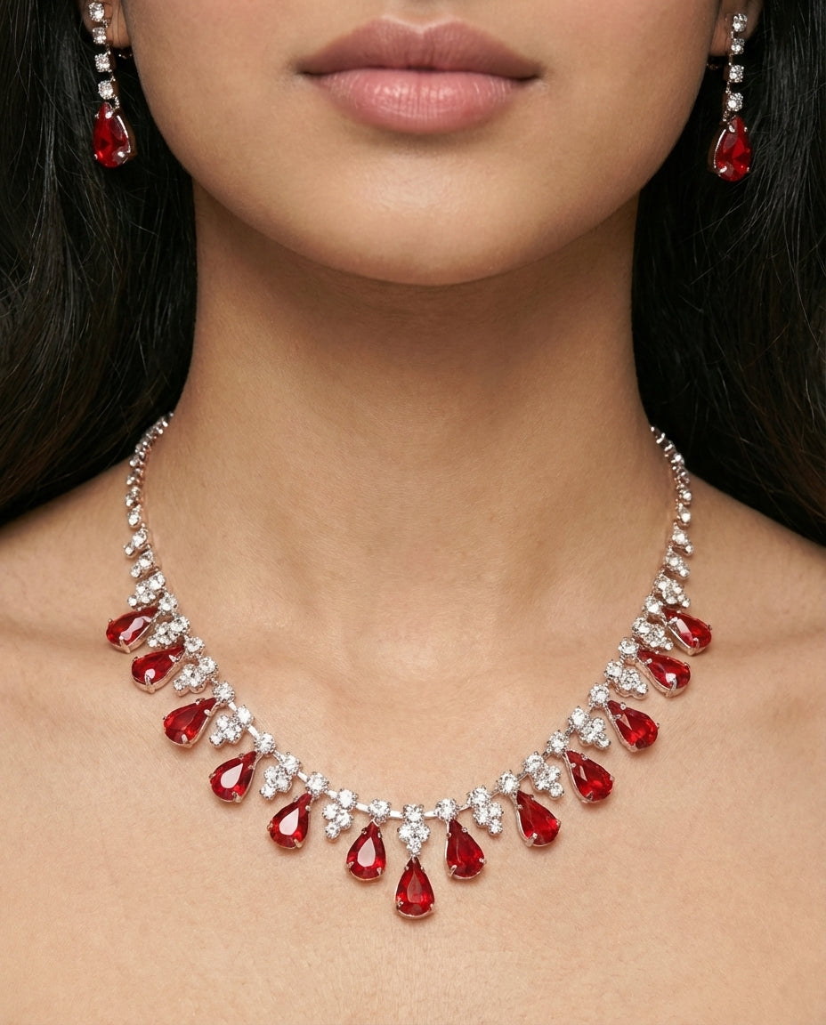 Copper Gold-Plated Red & Clear Rhinestone Necklace Earrings Set