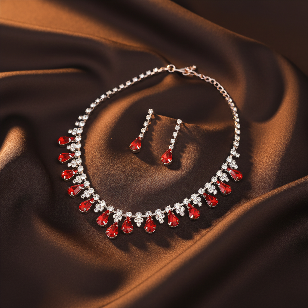 Copper Gold-Plated Red & Clear Rhinestone Necklace Earrings Set