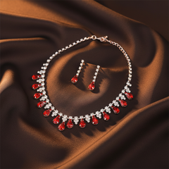 Copper Gold-Plated Red & Clear Rhinestone Necklace Earrings Set