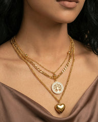 Gold Titanium Steel Multi-Layer Necklace with Heart & Tree of Life