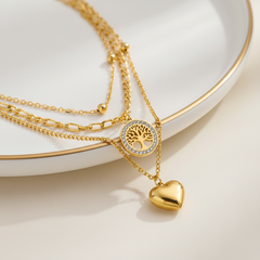 Gold Titanium Steel Multi-Layer Necklace with Heart & Tree of Life