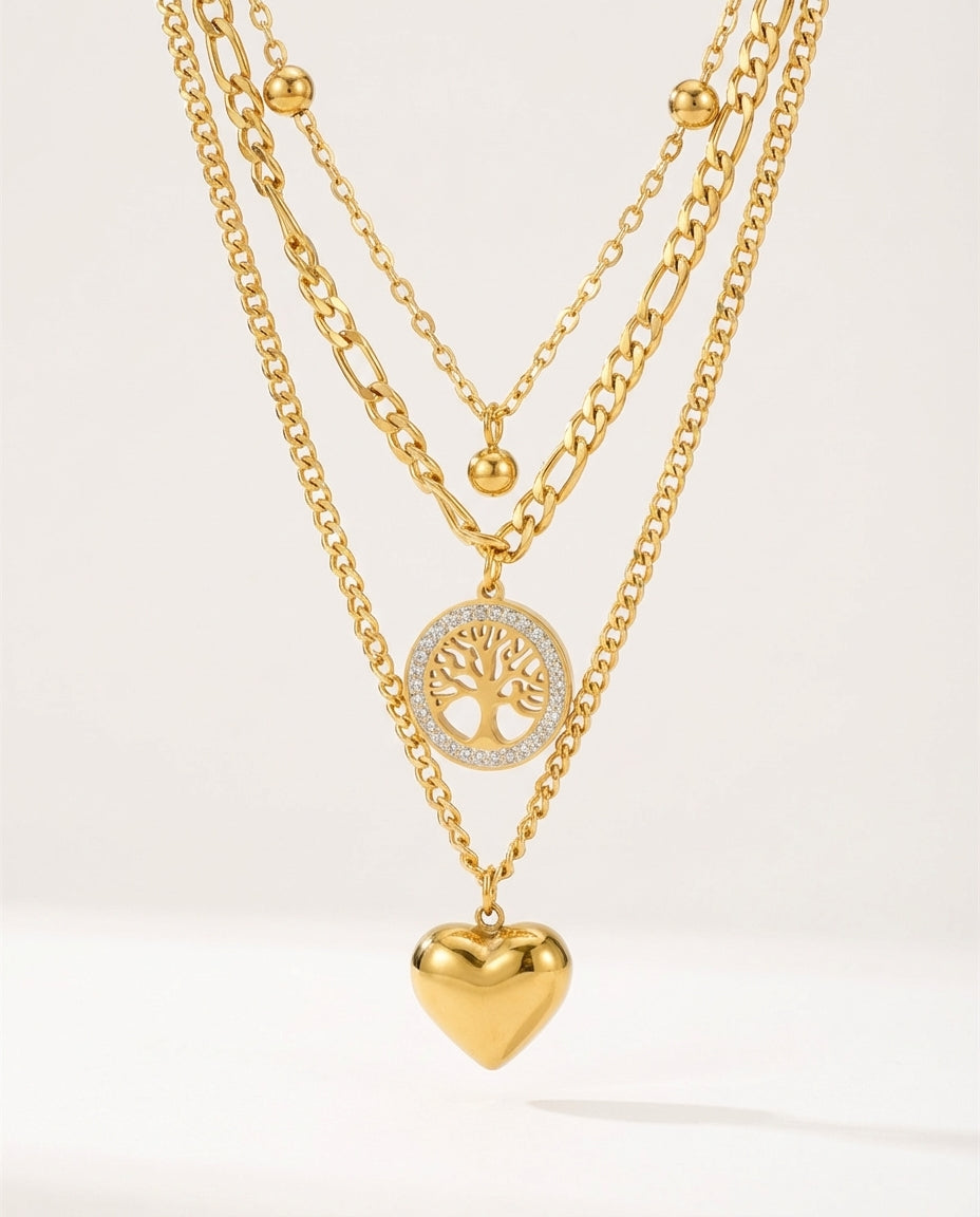 Gold Titanium Steel Multi-Layer Necklace with Heart & Tree of Life