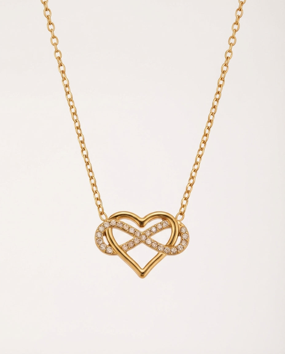 Gold Stainless Steel Heart & Infinity Zircon Necklace Adjustable Chain