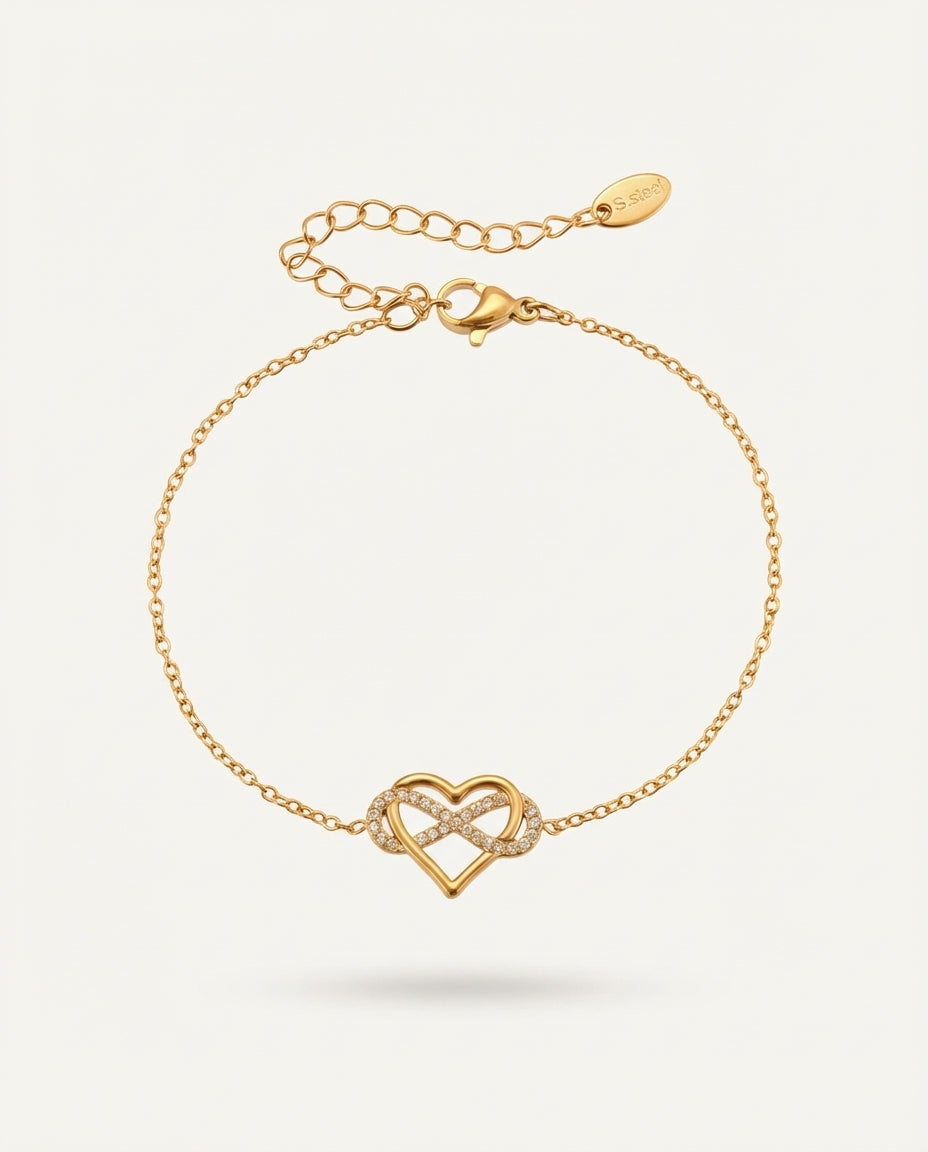 Gold Stainless Steel Heart Zircon Bracelet Adjustable 16-21cm