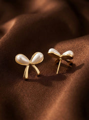 Gold-Tone Flower Butterfly Alloy Earrings with Pearl Inlay