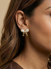 Gold-Tone Flower Butterfly Alloy Earrings with Pearl Inlay
