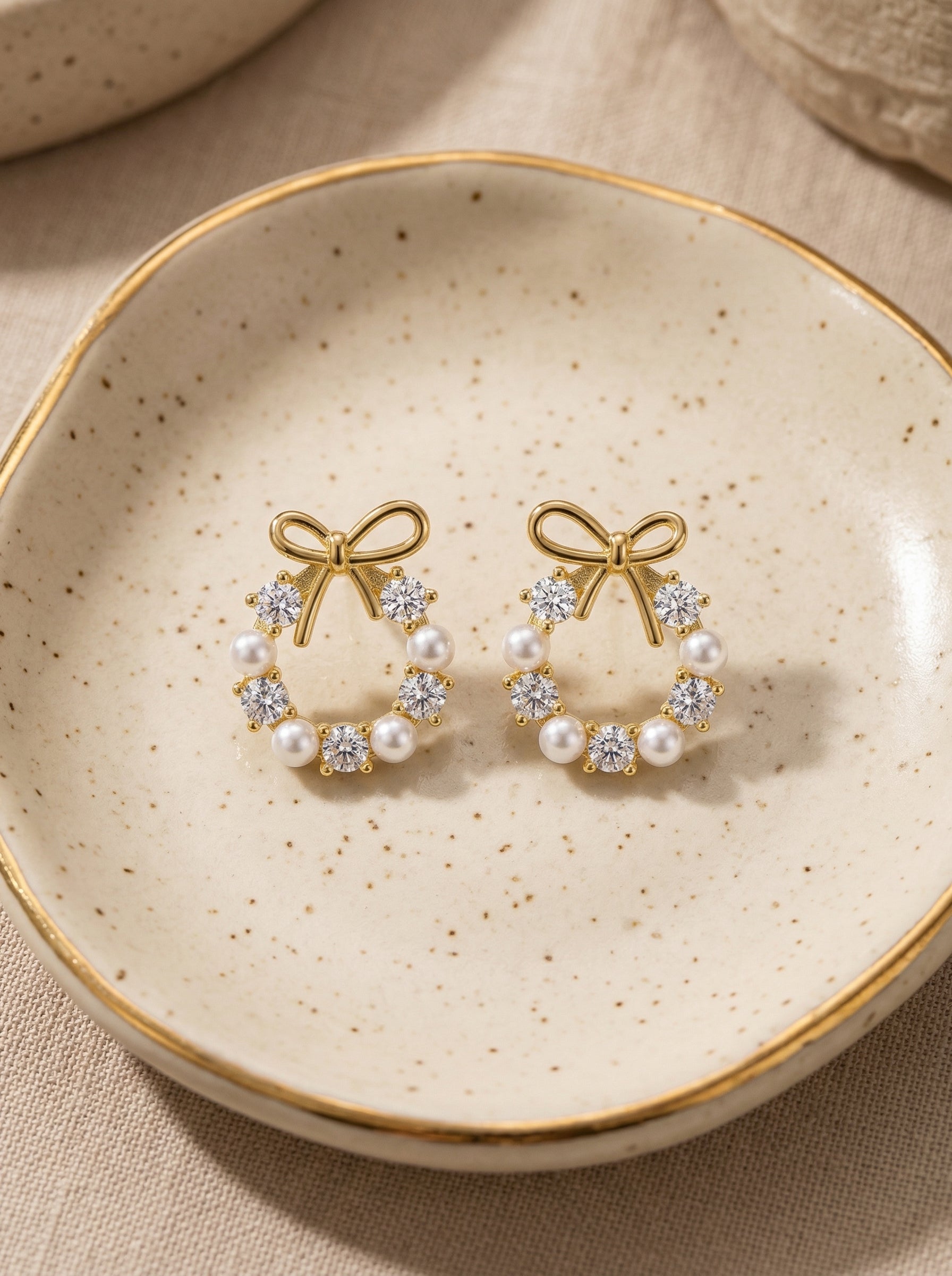 Gold & Pearl Wreath Earrings with Bow - S925 Silver Needle